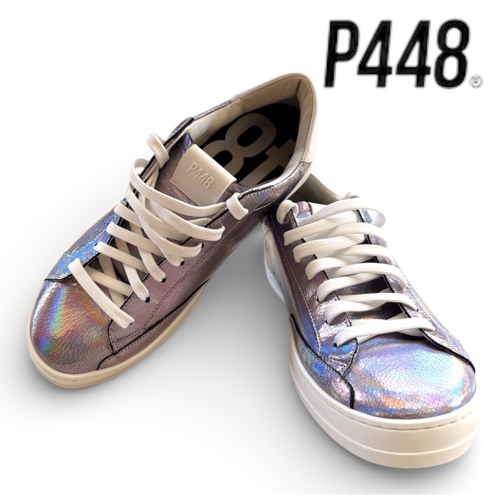 NWT P448 Leather Sneakers Women Size 9 Iridescent Low Top - Picture 2 of 13